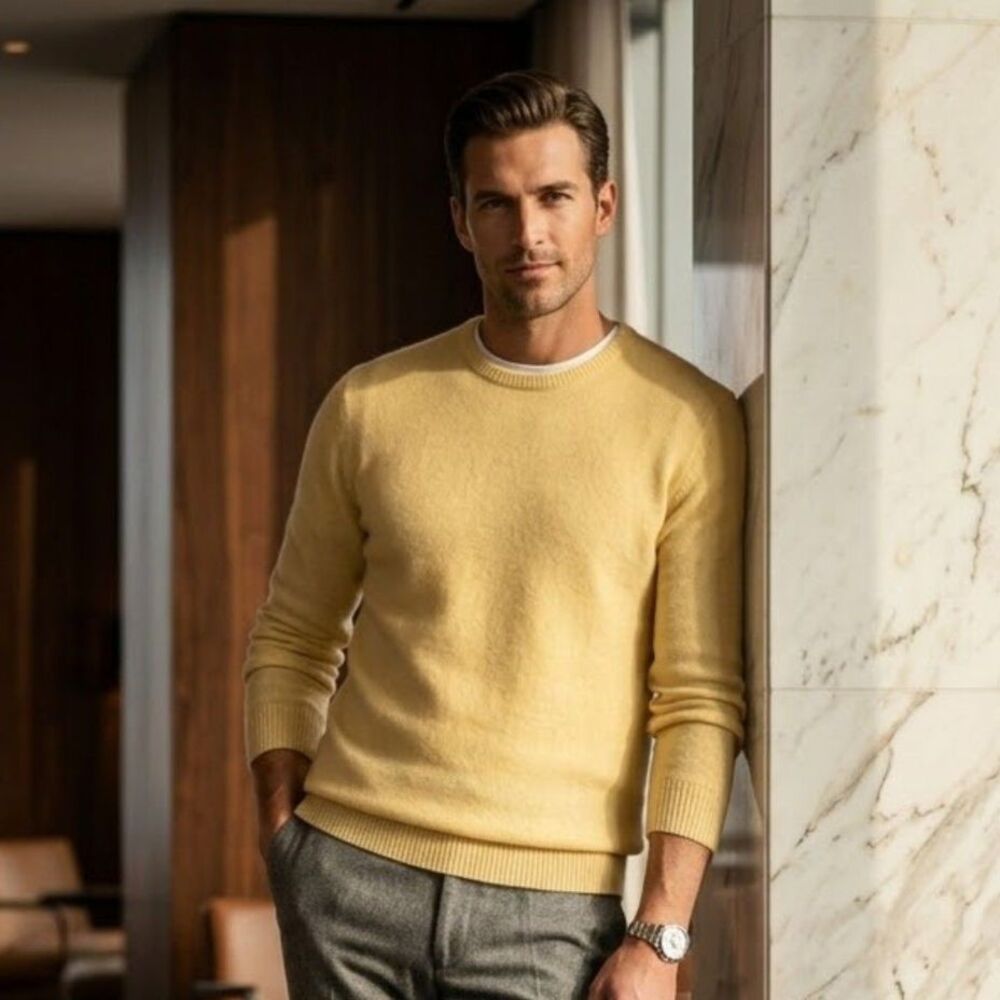 SUITSUPPLY Yellow Pure Wool Long Sleeve Pullover Crewneck Sweater   Mens Size XL